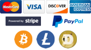 Pay with Bitcoin, Litecoin, Dogecoin, Visa, Mastercard, American Express, Discover, and Diners Club